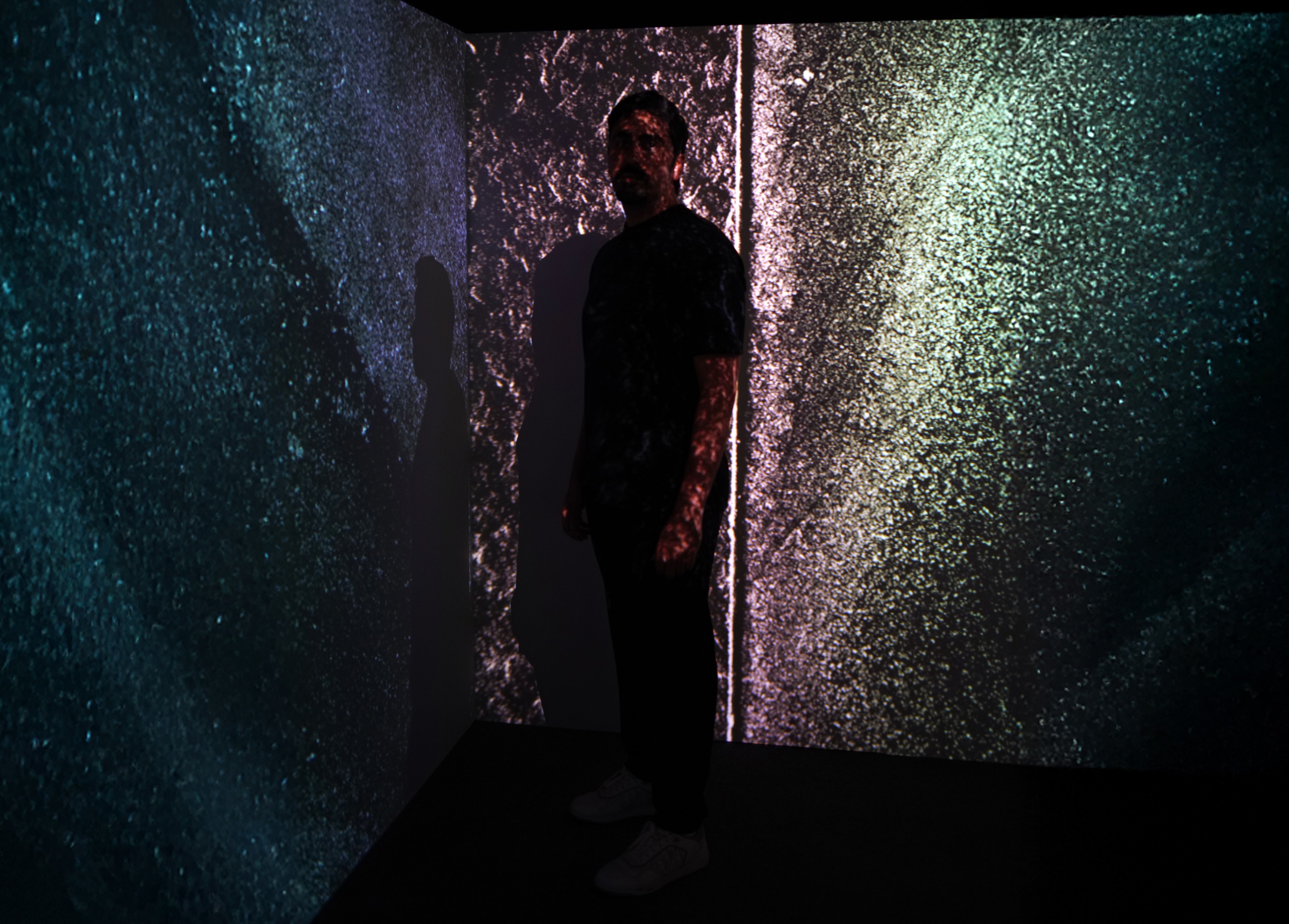 Cinematic film still by Kuwaiti filmmaker Abdullah Al-Wazzan with immersive projected light